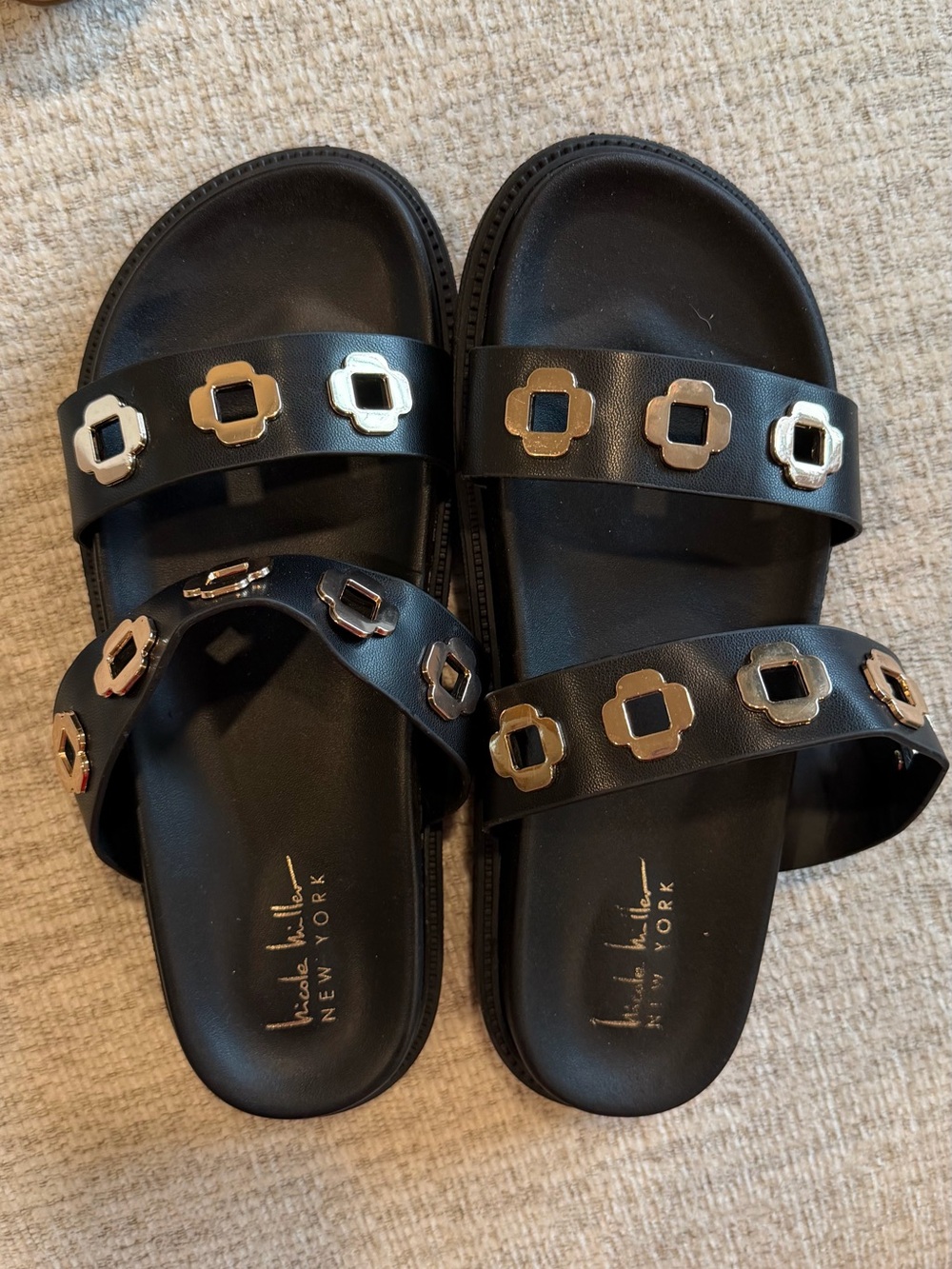 Nicole Miller Black Slide Sandals with Gold Stud Accents